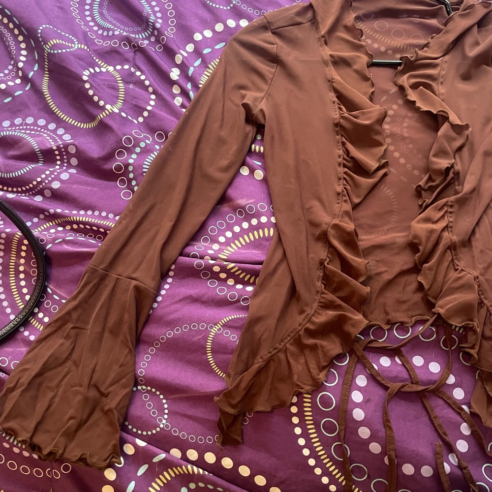 Brown Ruffled Sheer Blouse - Picture 3 of 3